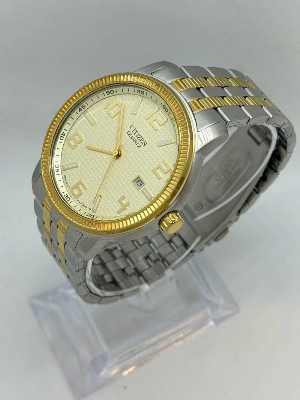 Citizen Men’s Quartz Watch Two Tone 40mm Gold Dial Date S Steel New Battery Runs